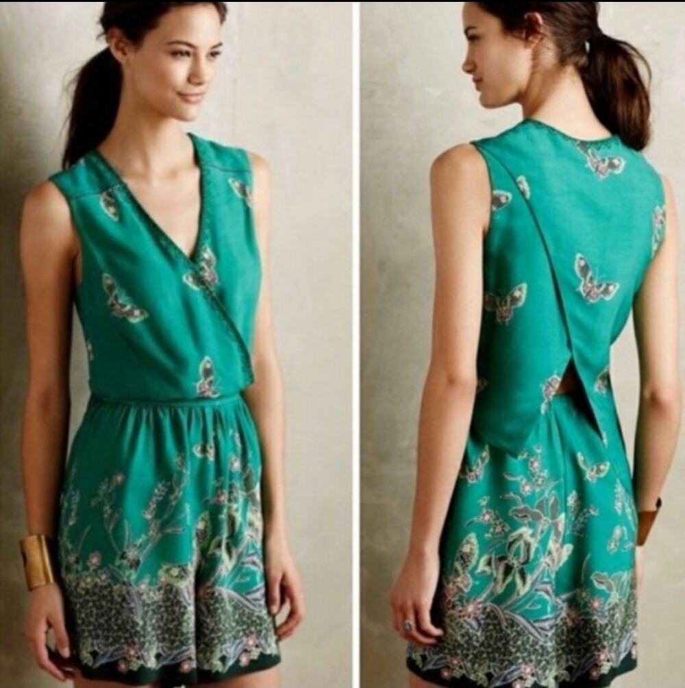 Anthro Elevenses Green Rayon Romper Open Back Butterflies Size XS